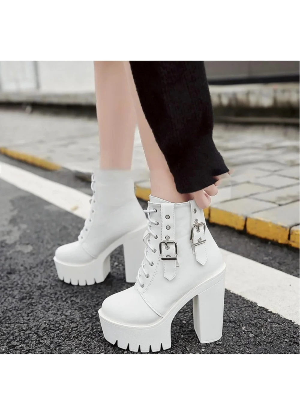 Women's White Platform Lace-Up Buckle Boots